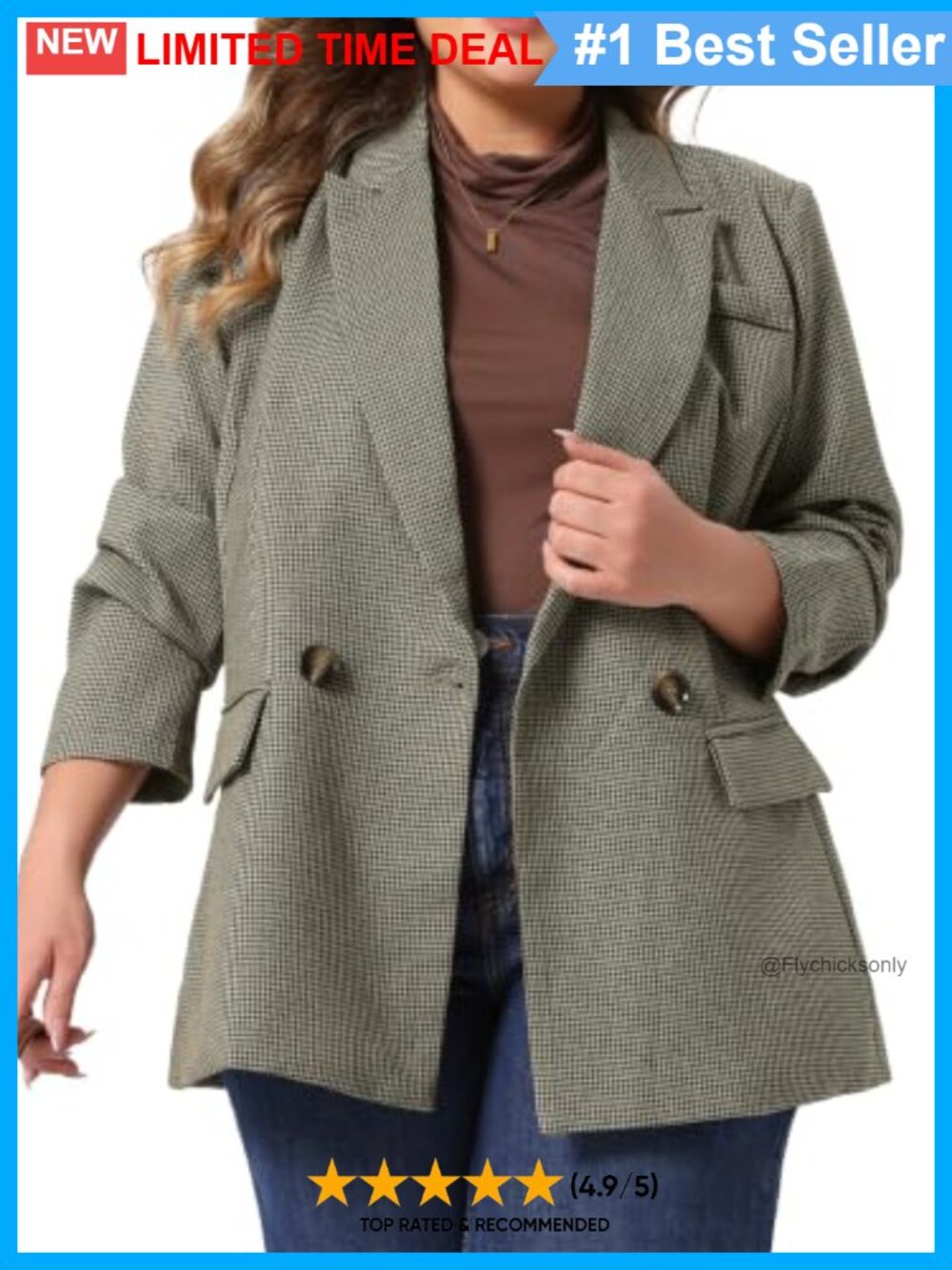 Plus Size Houndstooth Plaid Double Breasted Blazer Work Suit Jacket